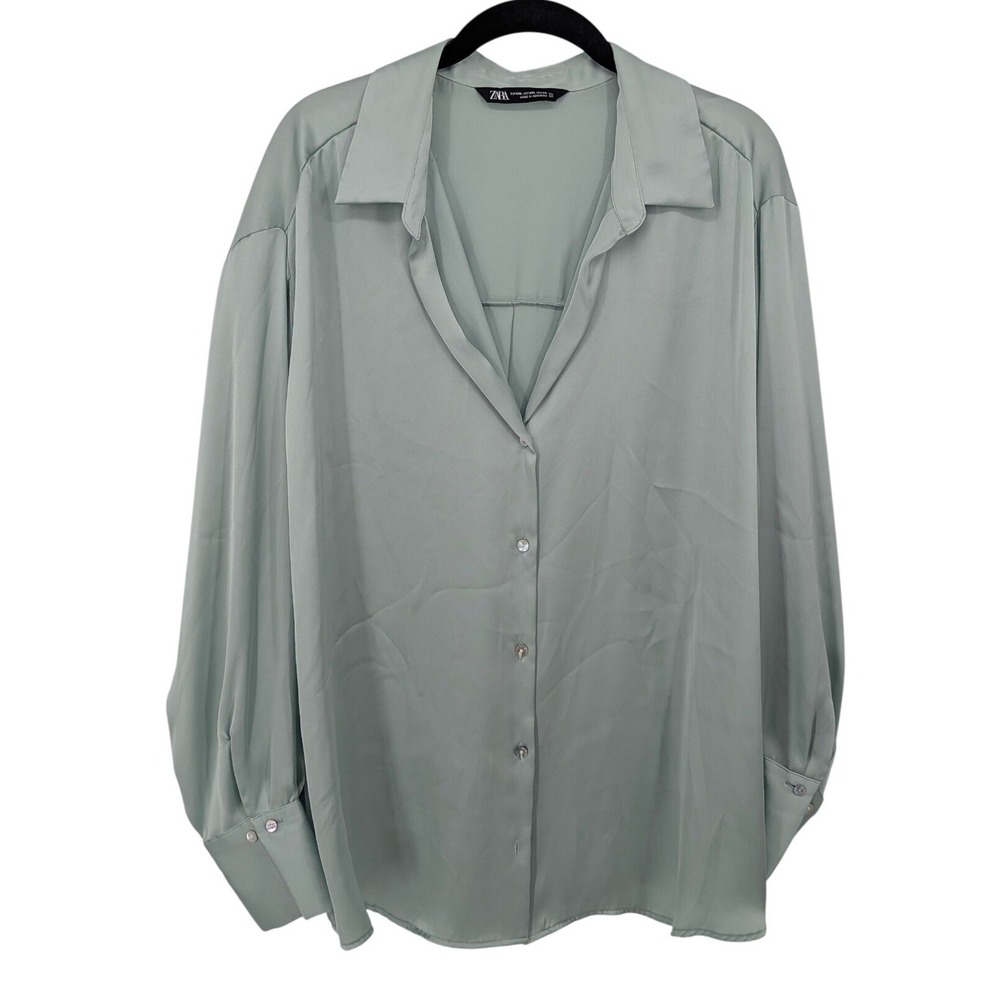 Zara Button Down Women XXL Sage Green Satin Oversized Long Sleeve Blouse Holiday